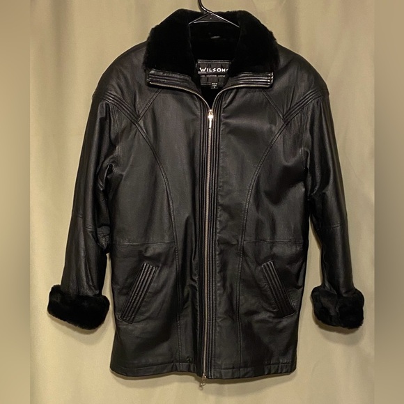 Wilson Black Leather Mid Length Full Zip Winter Coat with Fur Trim Belted WMNS S - Picture 1 of 12